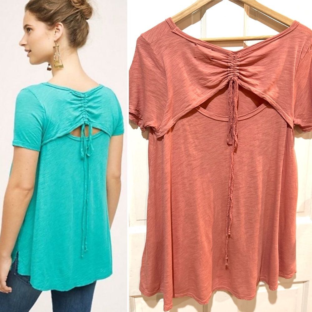 Anthropologie t.la Coral Ruched Tie Back Knit Tee Tunic Top Casual Preppy Size S